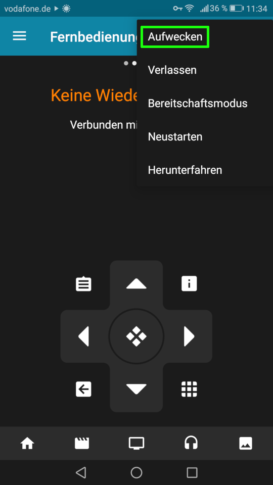 Kore UI mit Aufwecken-Knopf