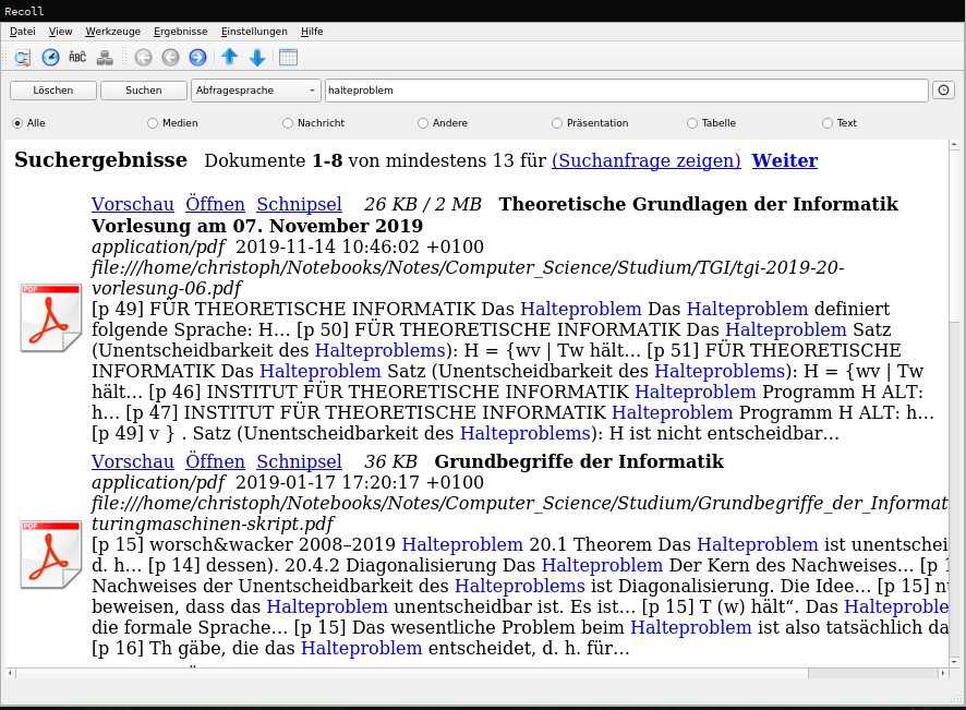 Screenshot von Recoll mit der Suchanfrage 'Halteproblem'